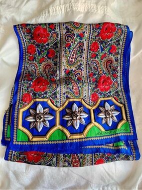 Adrienne Vittadini Royal Blue Red Floral Paisley Silk Scarf 11” x 52”